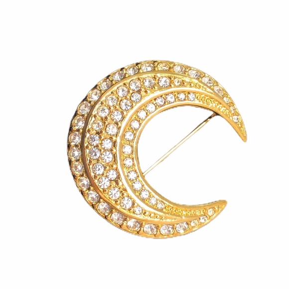 VINTAGE JOAN RIVERS GOLD & CLEAR CRYSTAL CRESCENT MOON BROOCH - Picture 2 of 16